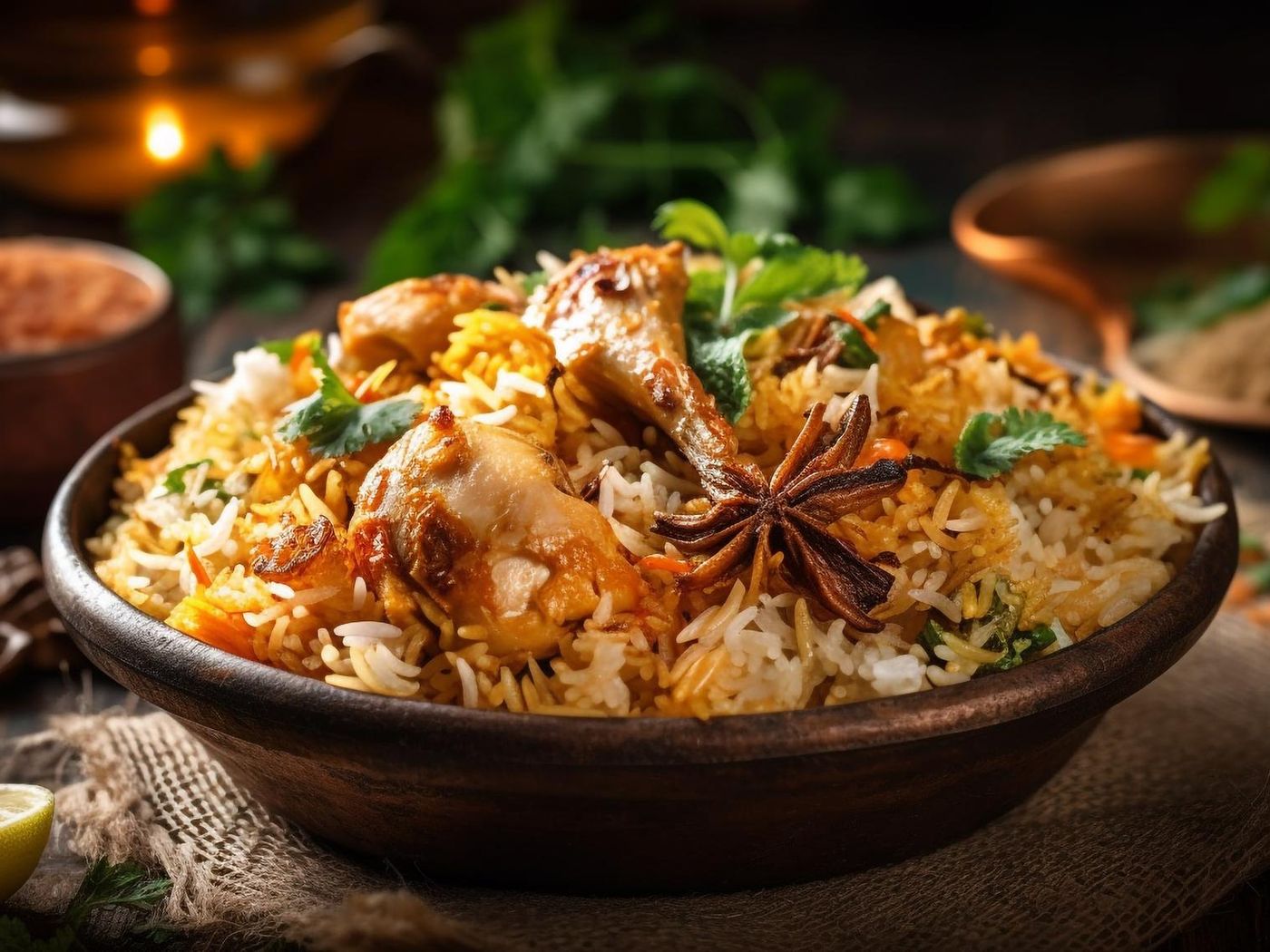 Dum biryani served in a copper handi