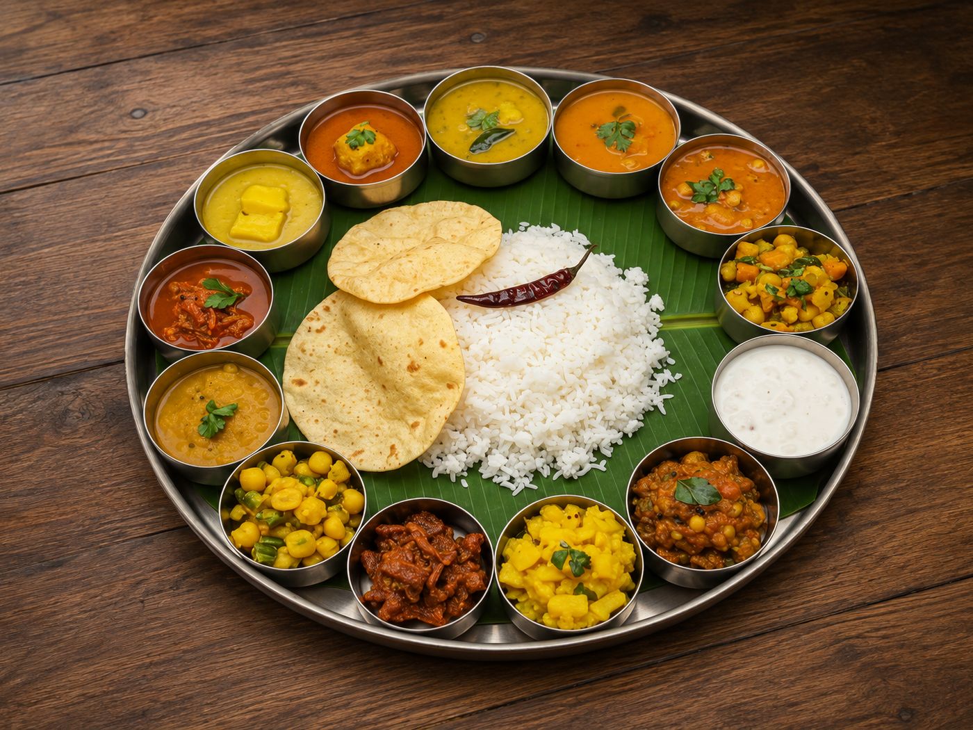 The Uppena Signature Thali served on a banana leaf