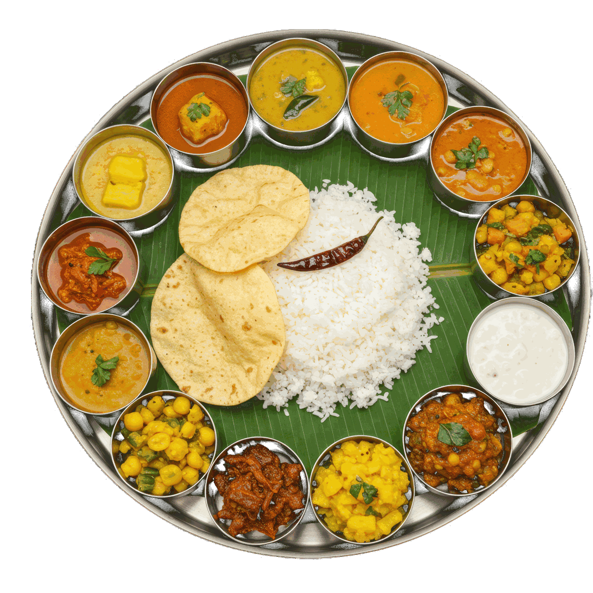 The Uppena Signature Thali — more than twenty-five Telugu dishes served on a banana leaf